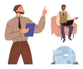 Two business professionals engaging, one presenting with a tablet, the other seated using a laptop near an airport scene. Ideal for business strategy, collaboration, communication, travel planning