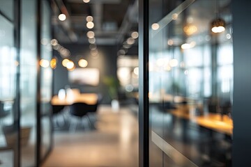 Blurred view of modern office interior through glass partitions