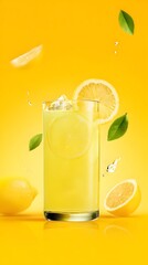 Aromatic lemon juice in glass with slice garnish, clean background, upper space for refreshing slogan.