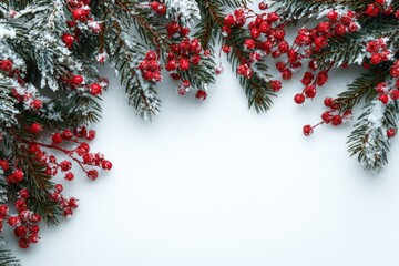 Christmas greenery border with red berries and snow