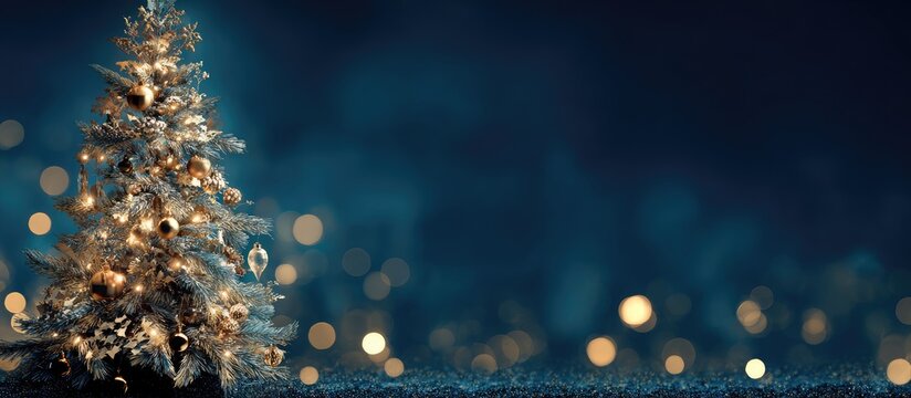 Festive Christmas tree with warm lights against a dark blue backdrop