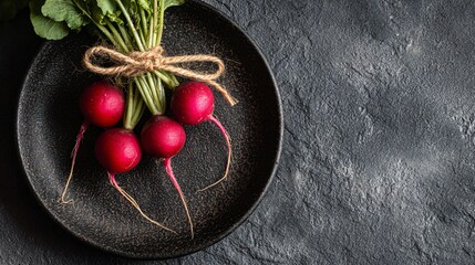 Radishes tied with twine on textured matte charcoal plate, soft vignette, centered with copy space