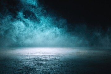 Dark, smoky, teal-lit concrete floor