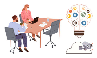 Team discussing project at office table, lightbulb with gears symbolizing ideas, cloud-integrated surveillance camera. Ideal for innovation, strategy, teamwork, business, smart solutions, creativity