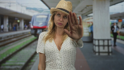 Woman in straw hat and polka dot dress with hand raised palm forward to stop an approaching train...