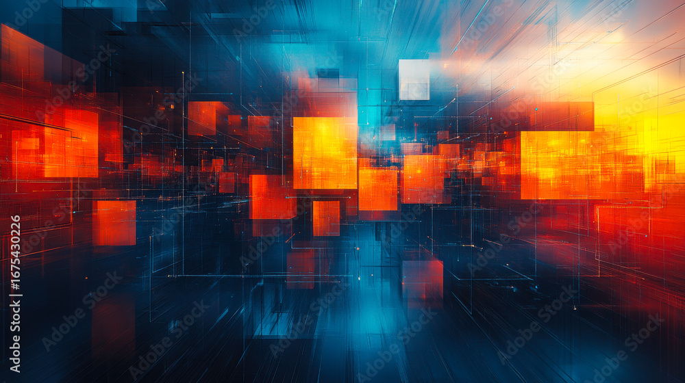 Poster abstract composition featuring vibrant colors and dynamic shapes in a digital space during twilight 
