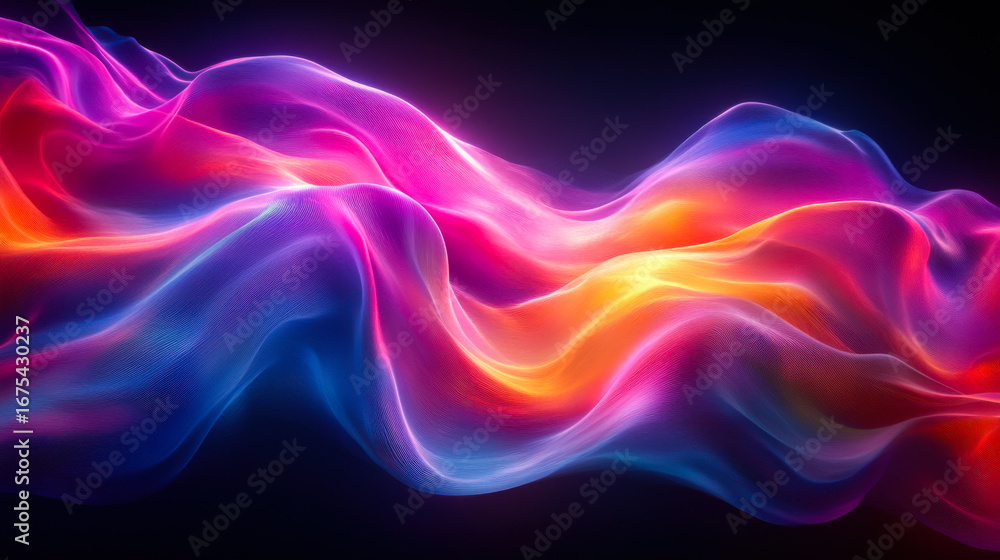Poster colorful flowing waves of light create a mesmerizing visual effect in a dark background environment