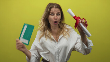 Woman holding rolled diploma with red ribbon and a learner l plate while winking in a yellow studio; achievement success joy.