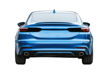 Rear view of a blue car isolated on a white backdrop showcasing its sleek design and modern features for automotive enthusiasts and vehicle design studies
