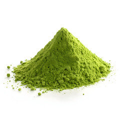 Small heap of vibrant matcha green tea powder isolated on white background, showcasing its fine texture