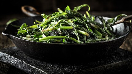 Shadow-heavy composition of bitter greens in black cast iron skillet, placed on stone-textured charcoal slab