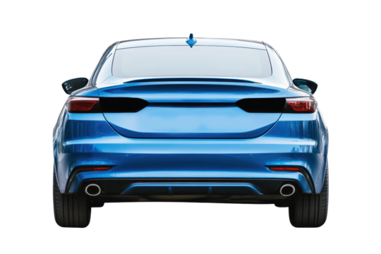 Rear view of a blue car isolated on a white backdrop showcasing its sleek design and modern features for automotive enthusiasts and vehicle design studies
