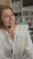 Woman with headset speaking into microphone in bright office building with visible bookshelves and...