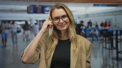 Woman in airport pointing upward wearing glasses and beige blazer with a thoughtful expression...