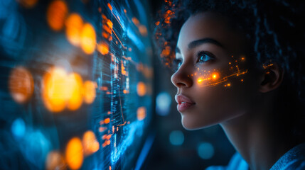 Young woman engaged with virtual technology in a modern, futuristic setting during nighttime