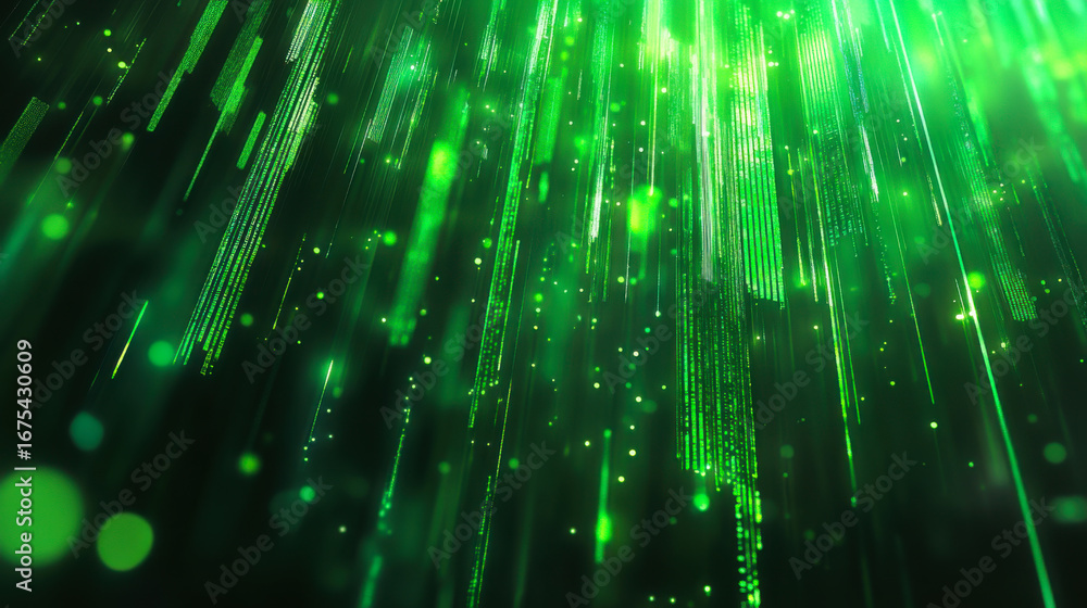 Poster digital cityscape glowing in green light with 3d structures and patterns detailing urban technology 