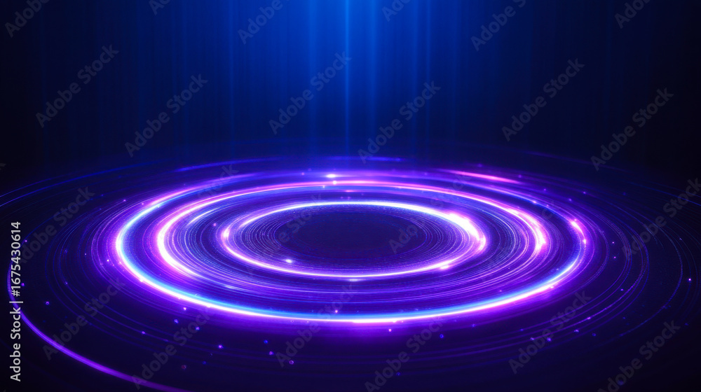 Poster circular light patterns create a mesmerizing visual effect in purple and blue shades