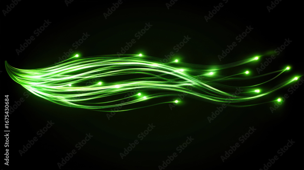 Poster dynamic green light trails create a mesmerizing effect in a dark background