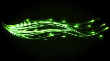 Dynamic green light trails create a mesmerizing effect in a dark background