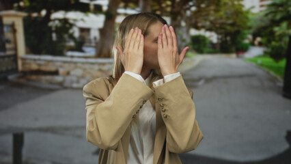 Young blonde woman wearing a beige blazer covers face with hands in an outdoor urban street setting, showcasing a casual yet professional appearance with trees and city life in the background.