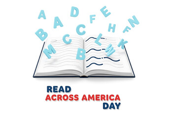 Read across america day with open book and floating letters isolated on white background to promote literacy and a love of reading