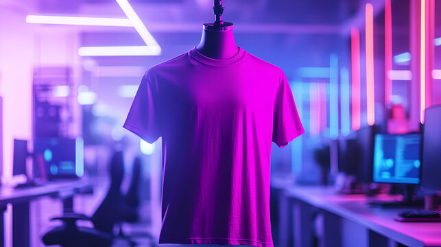 Blank Pink T-Shirt on Mannequin in Modern Tech Lab with Neon Lighting