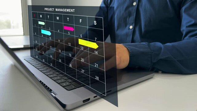 Business Project Management System.Project manager updating tasks and milestones progress planning with Gantt chart scheduling interface for company.