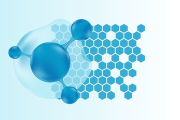 Light blue hyaluronic acid serum molecule icon, collagen water drop. Cosmetology honeycomb cell texture. Liquid glowing watercolor gradient background for beauty treatment, moisturizing skin care