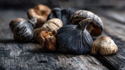 Wild mushrooms on dark reclaimed wood with charcoal tint, natural autumn textures, focus on shapes