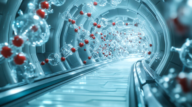Colorful molecules interact along a futuristic tunnel showcasing advanced scientific exploration in a laboratory