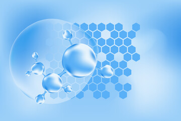 Light blue hyaluronic acid serum molecule icon, collagen water drop. Cosmetology honeycomb cell texture. Liquid glowing watercolor gradient background for beauty treatment, moisturizing skin care