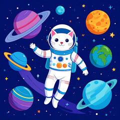 Cartoon cat astronaut in space