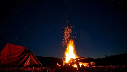 Tourisms a tent and campfire under a starry night sky creating a warm and inviting camping scene outdoors