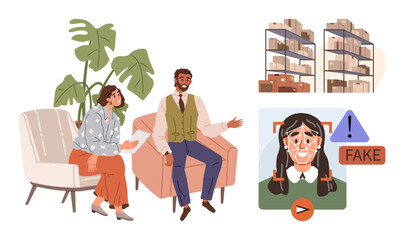 Two colleagues discuss deepfake media next to a flagged face recognition interface and secure storage archives. Ideal for security, technology, analysis, communication, teamwork, ethics, simple flat