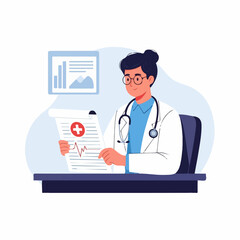 A focused doctor reviews medical charts displaying a heartbeat, sitting at a desk in a calm office setting.