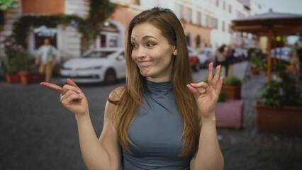 Woman in blue sleeveless top shows ok gesture with both hands while standing on busy city street...