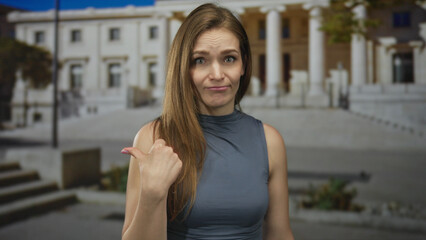 Woman pointing thumb at empty street near a neoclassical building with columns under bright...