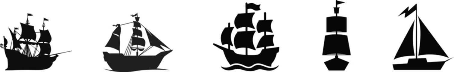 Ship and marine boat set water transport symbol. vessels for travel and transportation set of ship at sea, sail boats, yacht, passenger craft, cruiser and cargo ships Warship navy silhouettes set