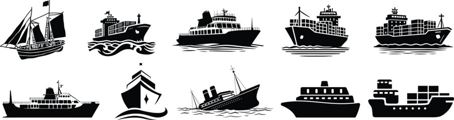 Ship and marine boat set water transport symbol. vessels for travel and transportation set of ship at sea, sail boats, yacht, passenger craft, cruiser and cargo ships Warship navy silhouettes set
