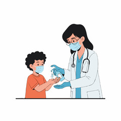 A masked doctor carefully applies hand sanitizer to a child's hands, promoting hygiene and safety.