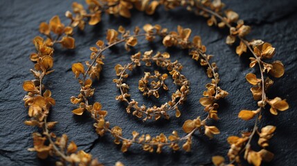 Fototapeta premium Charcoal backdrop with golden dried flowers arranged in a spiral composition, flat lay