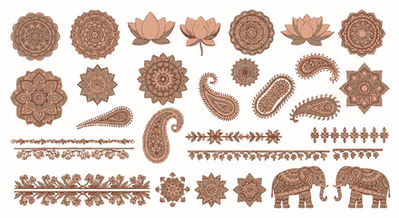 Detailed Brown Indian Ornamental Designs, Paisley, Lotus, and Elephant Motifs