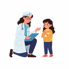 Obraz premium A kind female doctor kneels, attentively listening to a worried young girl during a checkup, creating a compassionate medical consultation scene.