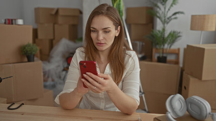 Woman holds smartphone during unpacking as moving boxes fill the room in new building; fresh start...
