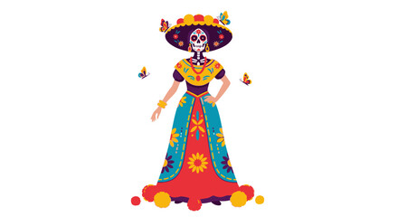 Fototapeta premium Elegant Catrina with Floral Hat and Colorful Dress Illustration
