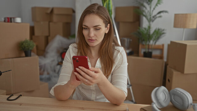 Woman holds smartphone during unpacking as moving boxes fill the room in new building; fresh start excitement.
