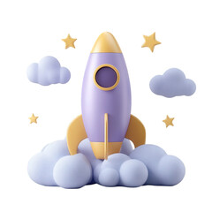 Purple and Yellow Cartoon Rocket Launching Through Pastel Clouds and Stars