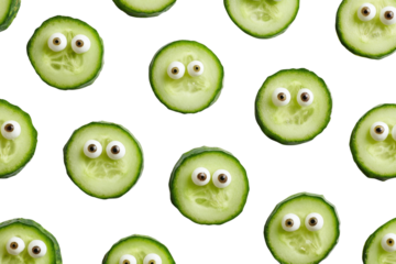 Cute cucumber slices with googly eyes arranged on a transparent background. background removed