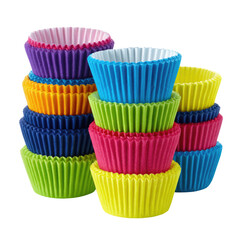 Stacks of colorful cupcake liners in various bright hues, isolated on transparent background. background removed