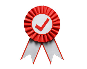 Red Ribbon Award Badge with Check Mark, Winner Rosette Ribbon